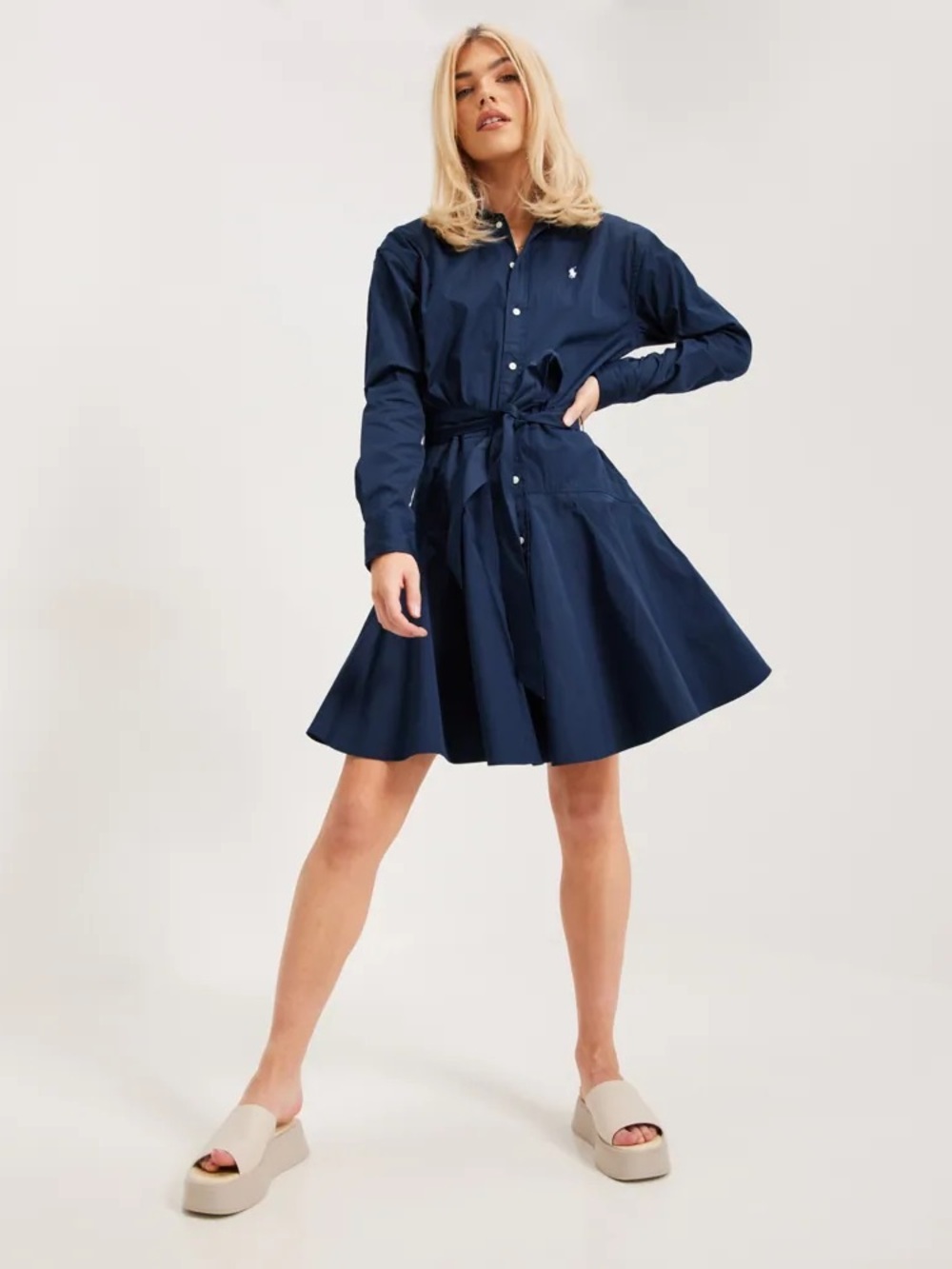Ralph Lauren Navy Button-Front Tie-Waist Shirt Dress